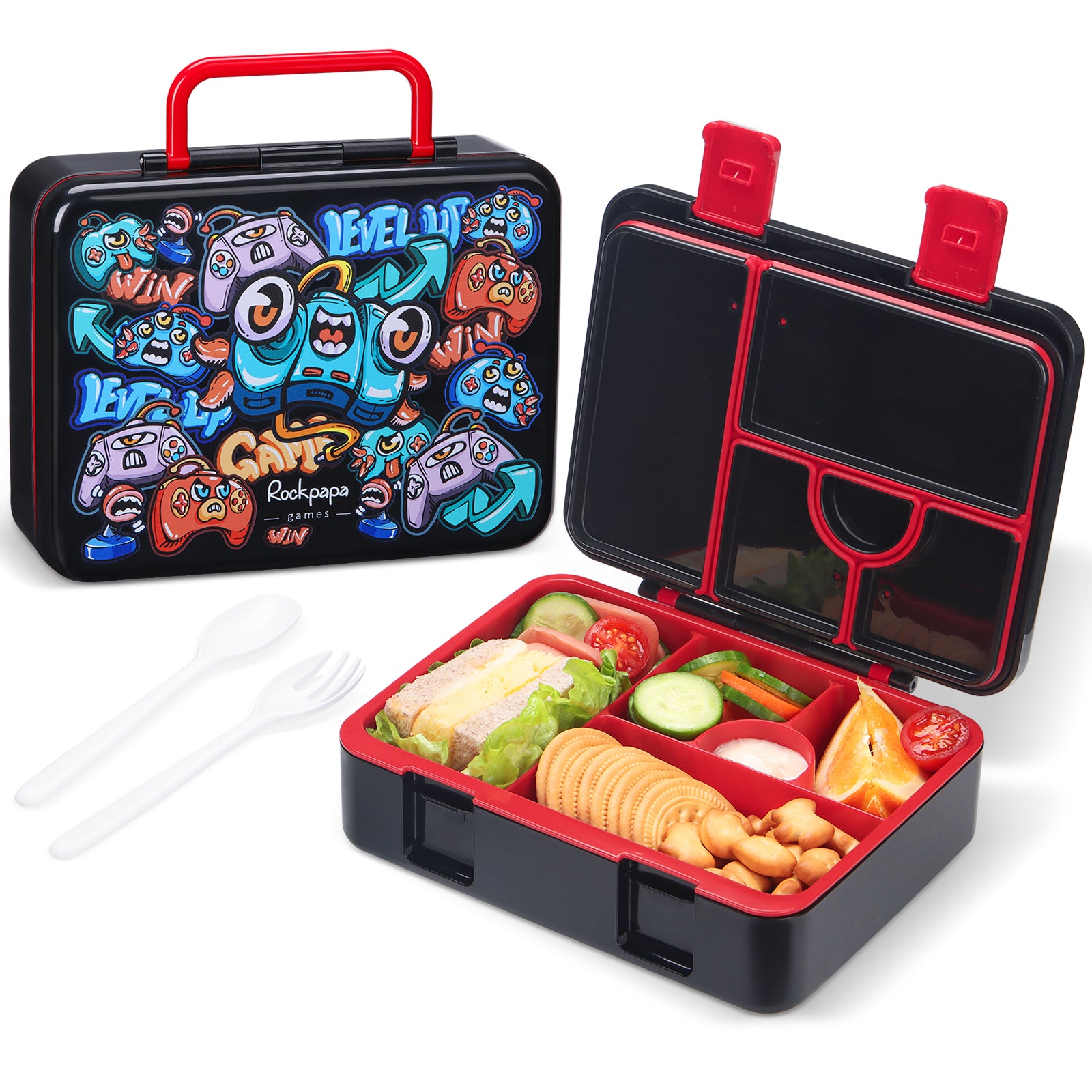 rockpapa 5 Compartment Bento Lunch Box for Kids, Leak Proof, Dishwasher Safe, BPA Free Materials, 47oz Snack Bento Box with Utensils & Handle for Boys Girls Ages 3+ (Black Dinosaur)
