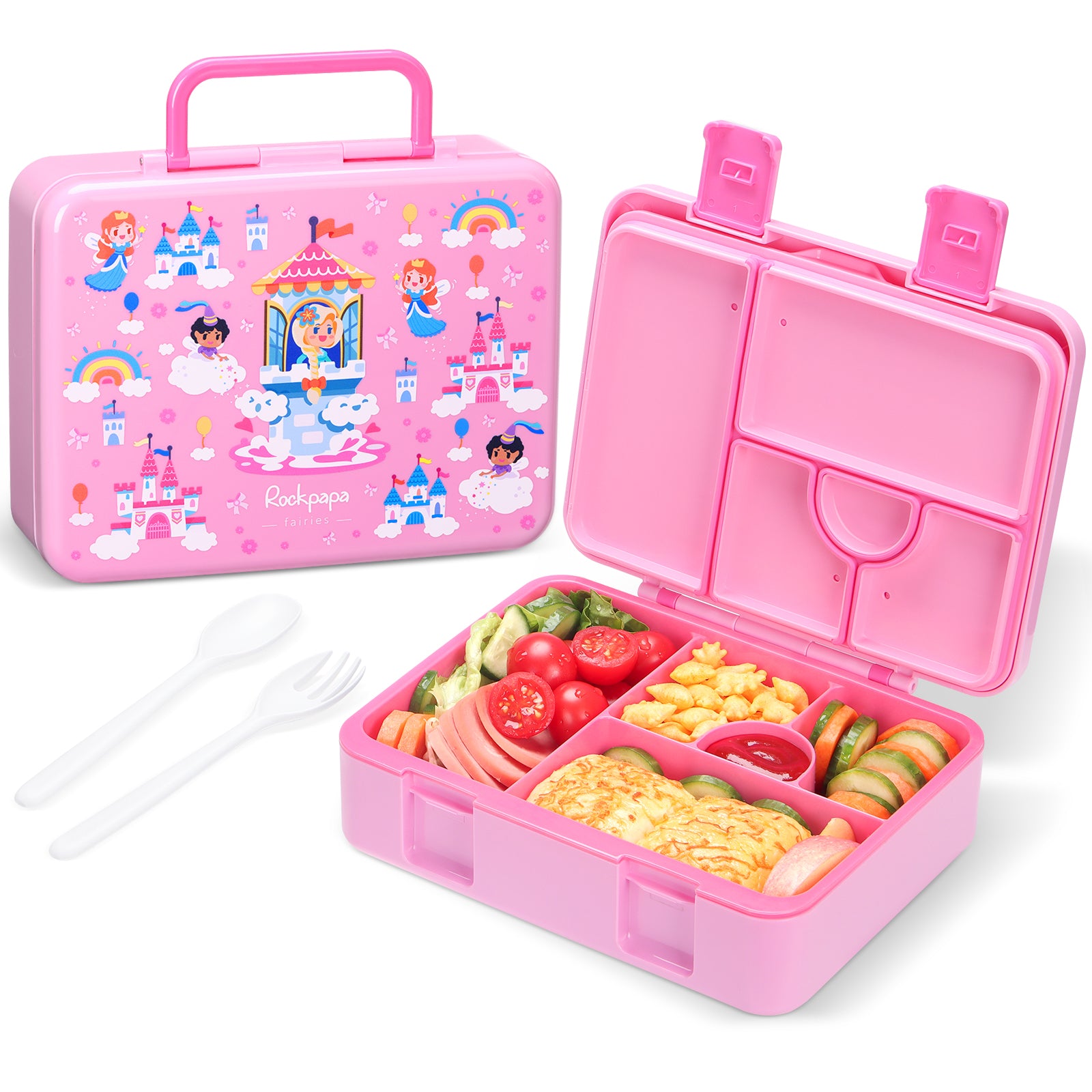 rockpapa 5 Compartment Bento Lunch Box for Kids, Leak Proof, Dishwasher Safe, BPA Free Materials, 47oz Snack Bento Box with Utensils & Handle for Boys Girls Ages 3+ (Black Dinosaur)