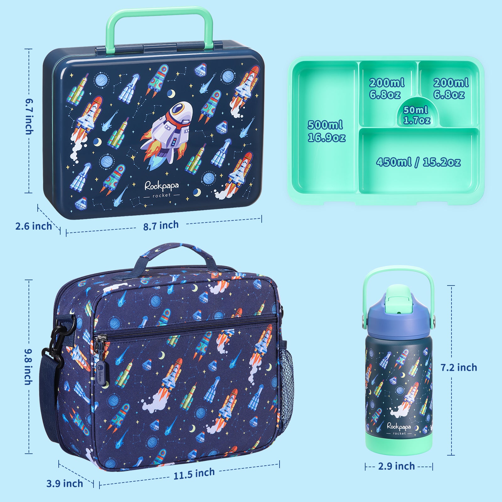 rockpapa 5 Compartment Bento Lunch Box for Kids with Uensils & Insulated Water Bottle & Lunch Bag with Strap, BPA-Free Lunch box Containers Set for School Boys Girls Ages 3+ (Blue Rocket)