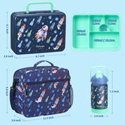 rockpapa 5 Compartment Bento Lunch Box for Kids with Uensils & Insulated Water Bottle & Lunch Bag with Strap, BPA-Free Lunch box Containers Set for School Boys Girls Ages 3+ (Blue Rocket)