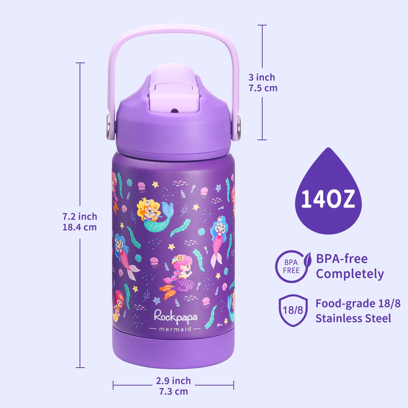 rockpapa Kids Insulated Water Bottle with Straw, BPA-Free, 18/8 Stainless Steel, Leak Proof, 14OZ Metal Cup Water Bottle for School Boys Girls (Purple Mermaid)