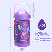 rockpapa Kids Insulated Water Bottle with Straw, BPA-Free, 18/8 Stainless Steel, Leak Proof, 14OZ Metal Cup Water Bottle for School Boys Girls (Purple Mermaid)