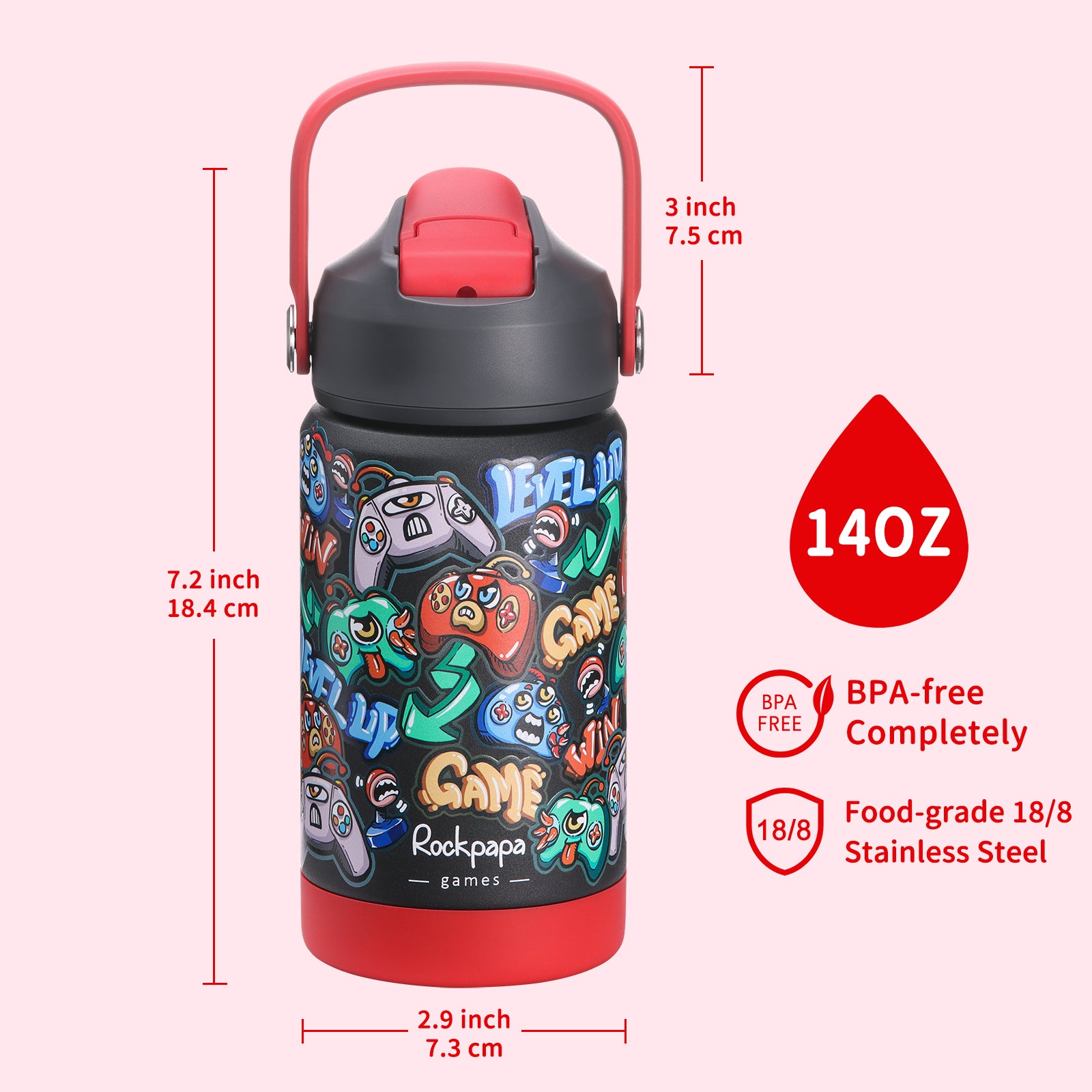 rockpapa Kids Insulated Water Bottle with Straw, BPA-Free, 18/8 Stainless Steel, Leak Proof, 14OZ Metal Cup Water Bottle for School Boys Girls (Black Games)