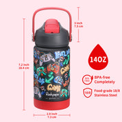 rockpapa Kids Insulated Water Bottle with Straw, BPA-Free, 18/8 Stainless Steel, Leak Proof, 14OZ Metal Cup Water Bottle for School Boys Girls (Black Games)