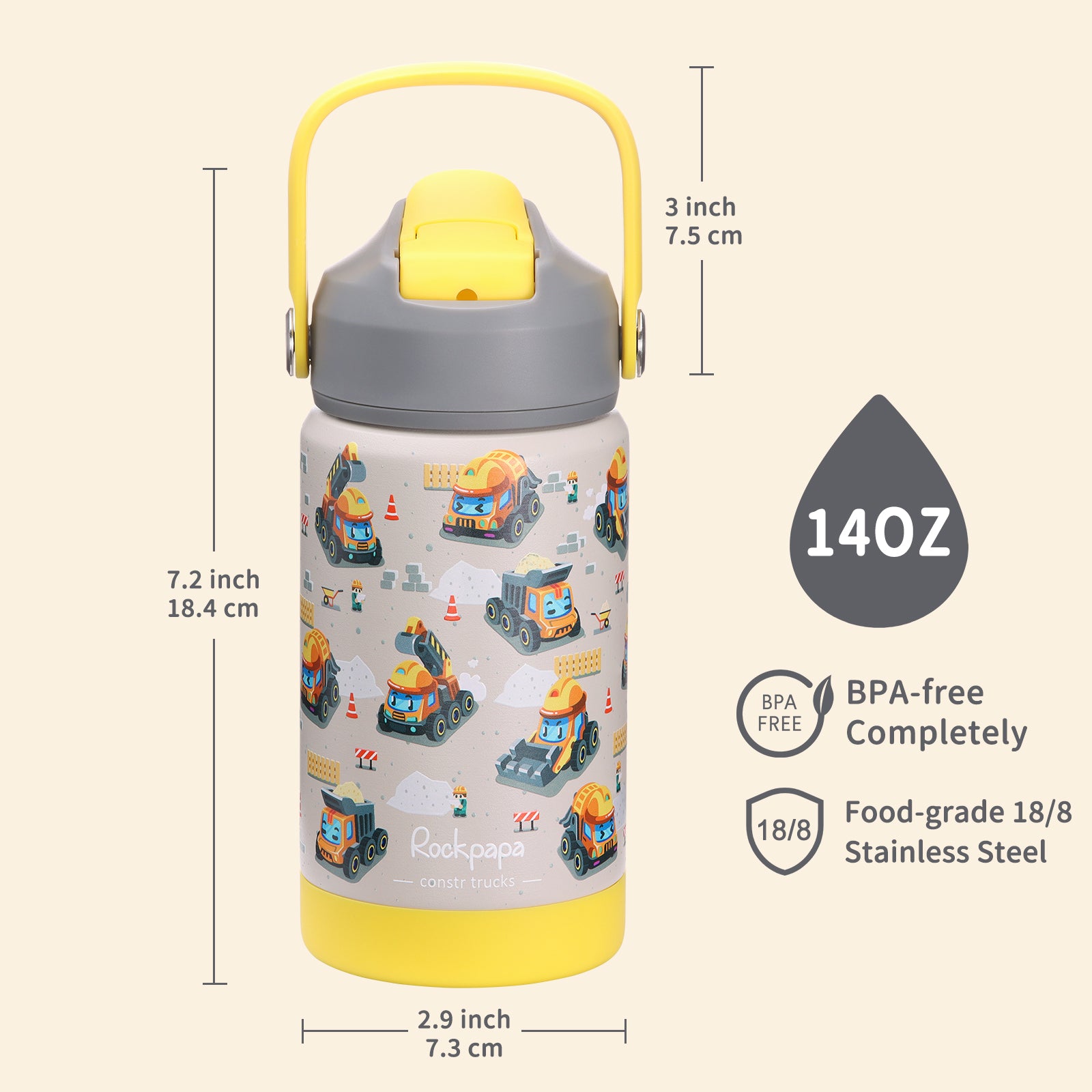 rockpapa Kids Insulated Water Bottle with Straw, BPA-Free, 18/8 Stainless Steel, Leak Proof, 14OZ Metal Cup Water Bottle for School Boys Girls  (Grey Constr Trucks)