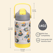 rockpapa Kids Insulated Water Bottle with Straw, BPA-Free, 18/8 Stainless Steel, Leak Proof, 14OZ Metal Cup Water Bottle for School Boys Girls  (Grey Constr Trucks)