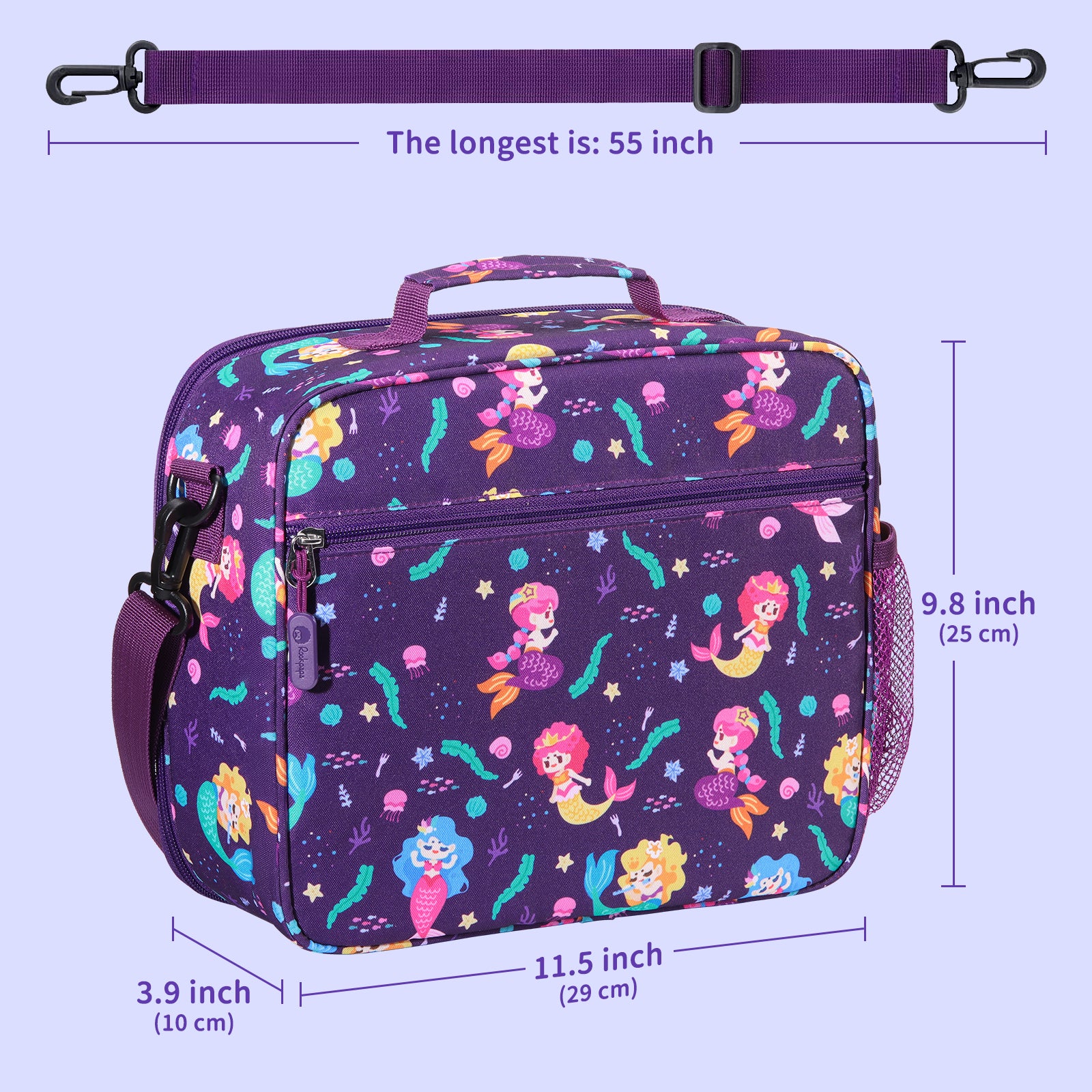rockpapa Kids Lunch Bag for Kids with Strap, Waterproof, Stain & Oil-Resistant, Insulated LunchBag, Reusable Lunch Tote Bag Holds Lunch Box, Water Bottle & Snacks for School (Purple Mermaid)