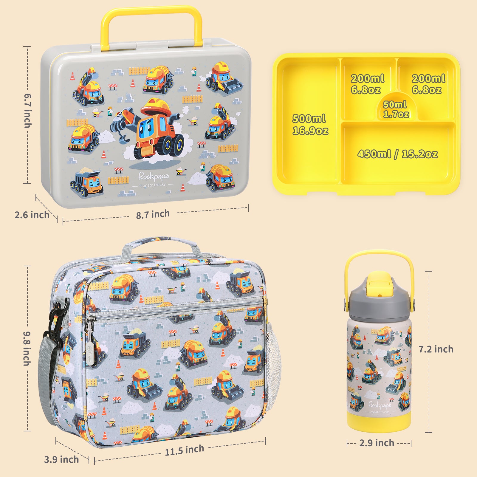 rockpapa 5 Compartment Bento Lunch Box for Kids with Uensils & Insulated Water Bottle & Lunch Bag with Strap, BPA-Free Lunch box Containers Set for School Boys Girls Ages 3+ (Grey Constr Trucks)