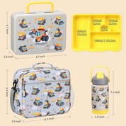 rockpapa 5 Compartment Bento Lunch Box for Kids with Uensils & Insulated Water Bottle & Lunch Bag with Strap, BPA-Free Lunch box Containers Set for School Boys Girls Ages 3+ (Grey Constr Trucks)