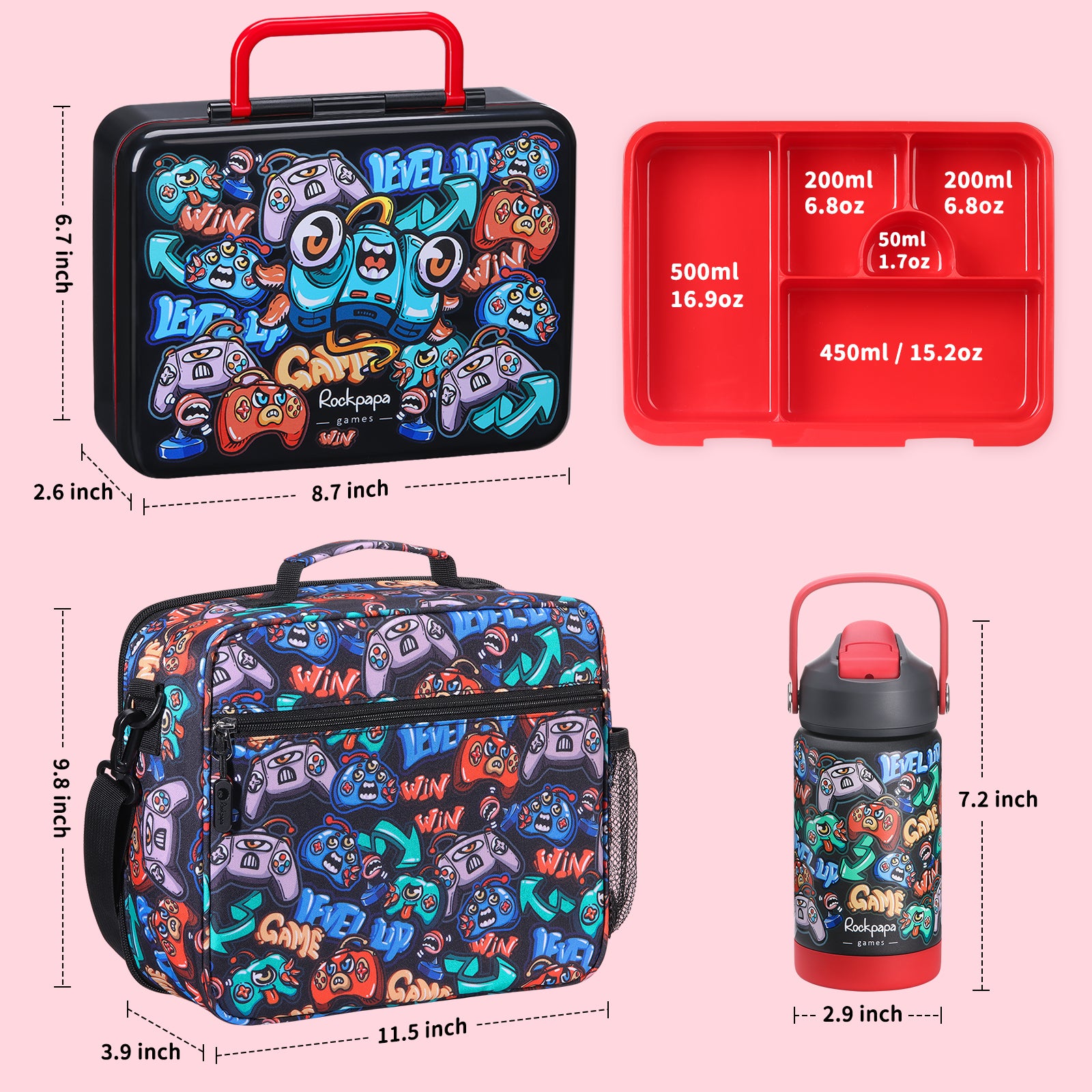 rockpapa 5 Compartment Bento Lunch Box for Kids with Uensils & Insulated Water Bottle & Lunch Bag with Strap, BPA-Free Lunch box Containers Set for School Boys Girls Ages 3+ (Black Games)
