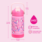 rockpapa Kids Insulated Water Bottle with Straw, BPA-Free, 18/8 Stainless Steel, Leak Proof, 14OZ Metal Cup Water Bottle for School Boys Girls