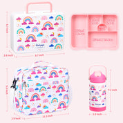 rockpapa 5 Compartment Bento Lunch Box for Kids with Uensils & Insulated Water Bottle & Lunch Bag with Strap, BPA-Free Lunch box Containers Set for School Boys Girls Ages 3+ (White Rainbow)