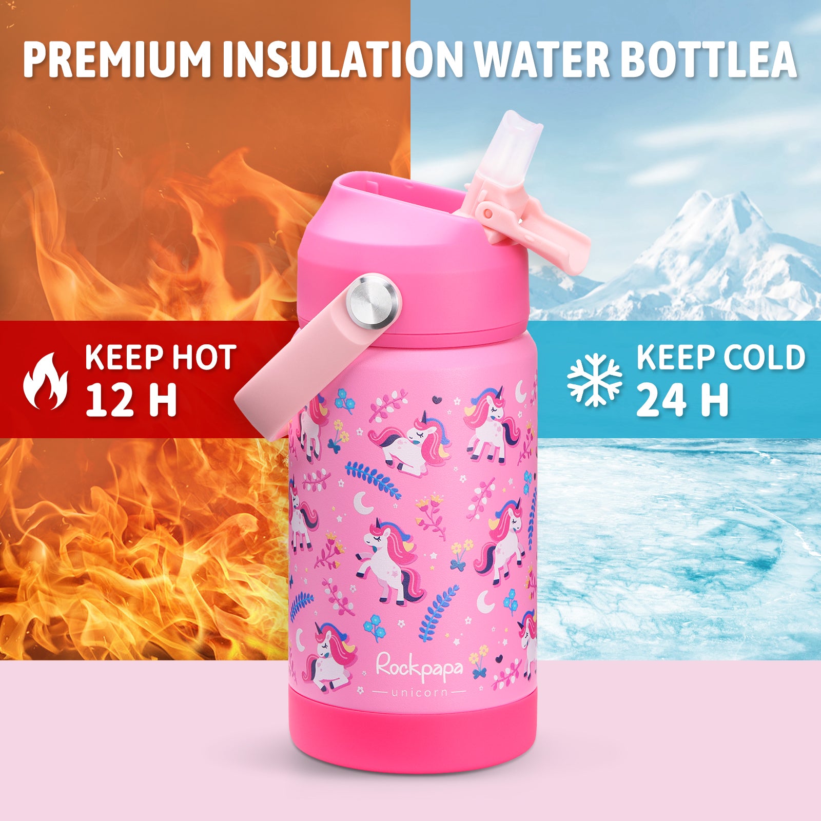 rockpapa Kids Insulated Water Bottle with Straw, BPA-Free, 18/8 Stainless Steel, Leak Proof, 14OZ Metal Cup Water Bottle for School Boys Girls