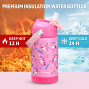 rockpapa Kids Insulated Water Bottle with Straw, BPA-Free, 18/8 Stainless Steel, Leak Proof, 14OZ Metal Cup Water Bottle for School Boys Girls
