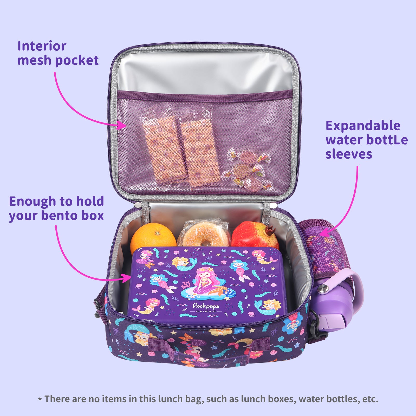 rockpapa Kids Lunch Bag for Kids with Strap, Waterproof, Stain & Oil-Resistant, Insulated LunchBag, Reusable Lunch Tote Bag Holds Lunch Box, Water Bottle & Snacks for School (Purple Mermaid)