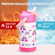 rockpapa Kids Insulated Water Bottle with Straw, BPA-Free, 18/8 Stainless Steel, Leak Proof, 14OZ Metal Cup Water Bottle for School Boys Girls (White Rainbow)