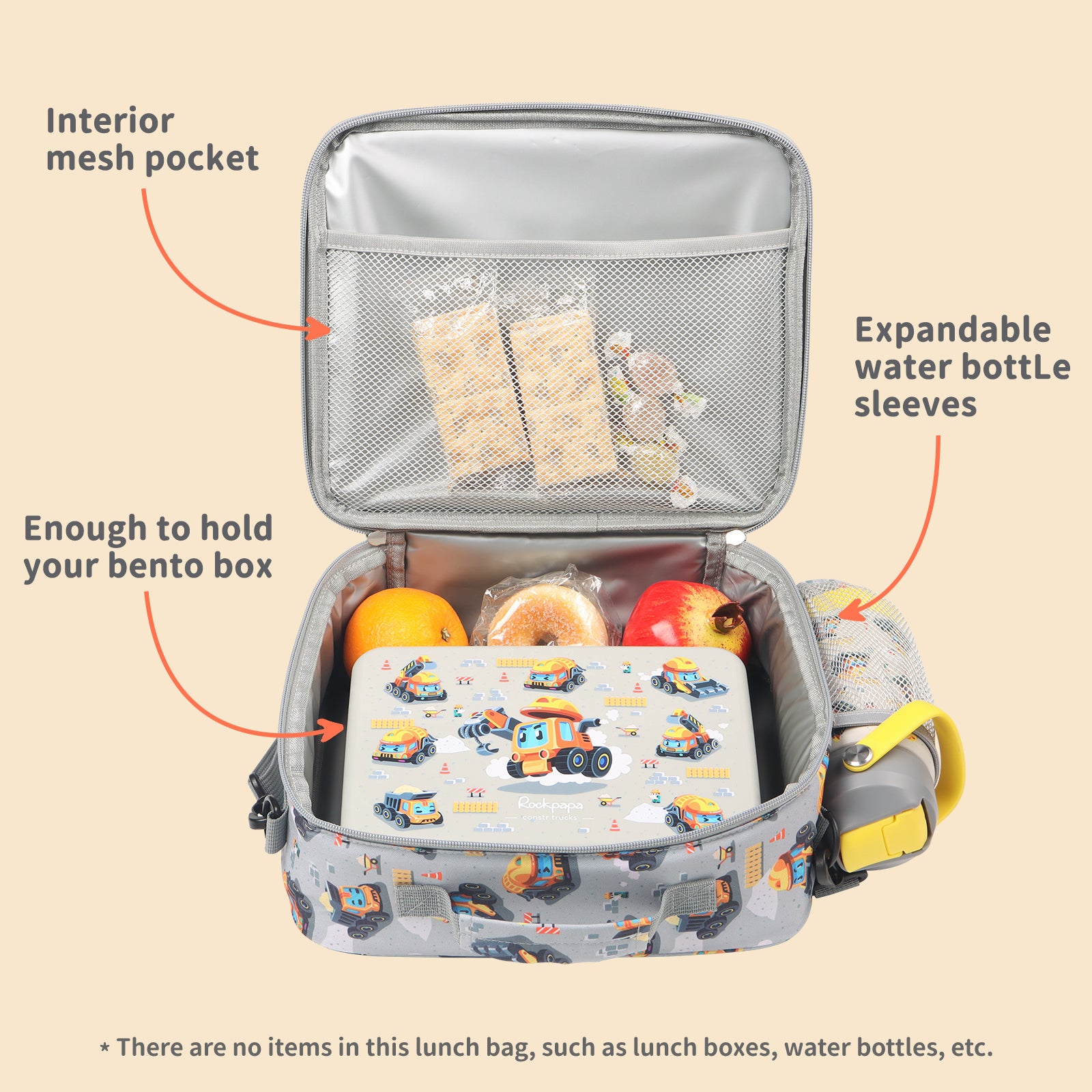 rockpapa Kids Lunch Bag for Kids with Strap, Waterproof, Stain & Oil-Resistant, Insulated LunchBag, Reusable Lunch Tote Bag Holds Lunch Box, Water Bottle & Snacks for School (Grey Constr Trucks)