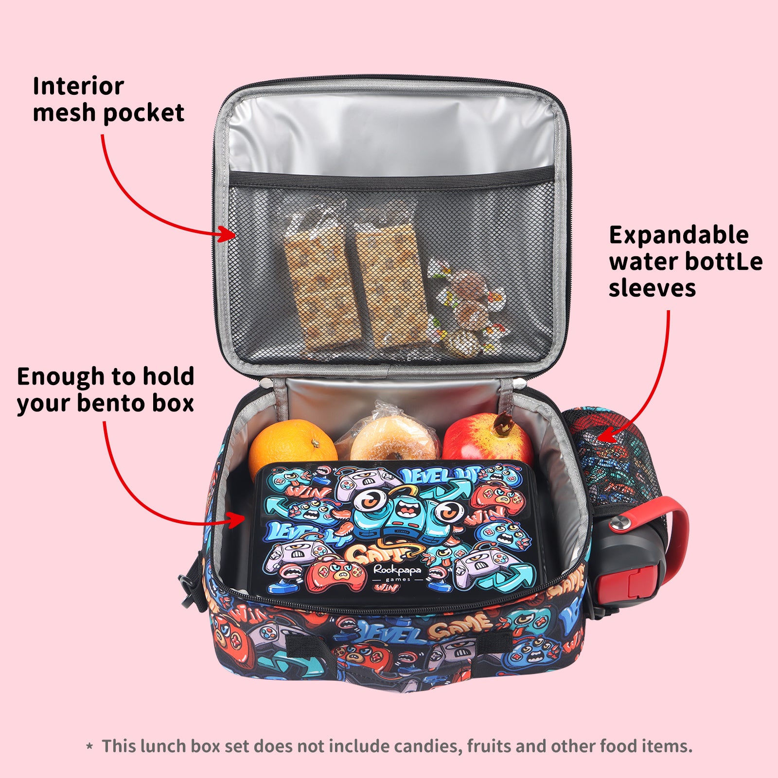 rockpapa 5 Compartment Bento Lunch Box for Kids with Uensils & Insulated Water Bottle & Lunch Bag with Strap, BPA-Free Lunch box Containers Set for School Boys Girls Ages 3+ (Black Games)