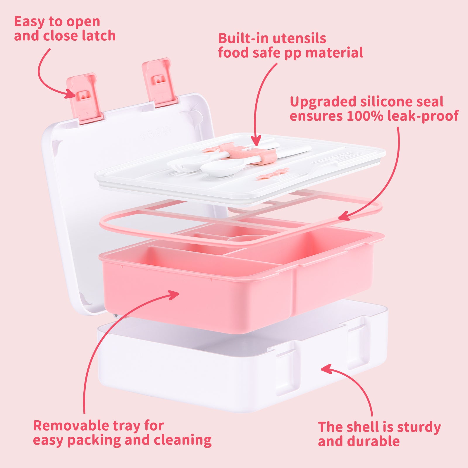 rockpapa 5 Compartment Bento Lunch Box for Kids, Leak Proof, Dishwasher Safe, BPA Free Materials, 47oz Snack Bento Box with Utensils & Handle for Boys Girls Ages 3+ (White Pets Dog)