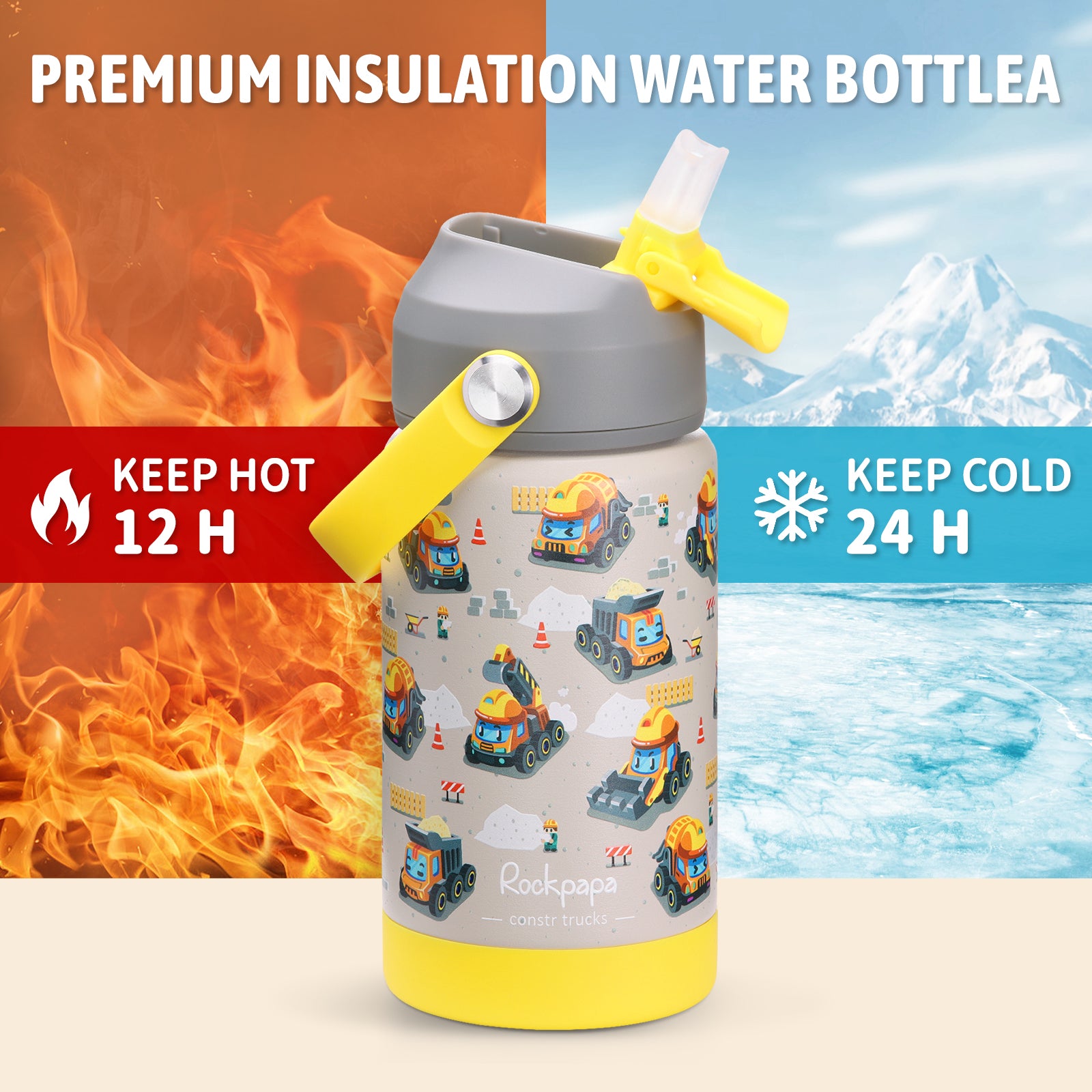 rockpapa Kids Insulated Water Bottle with Straw, BPA-Free, 18/8 Stainless Steel, Leak Proof, 14OZ Metal Cup Water Bottle for School Boys Girls  (Grey Constr Trucks)