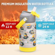 rockpapa Kids Insulated Water Bottle with Straw, BPA-Free, 18/8 Stainless Steel, Leak Proof, 14OZ Metal Cup Water Bottle for School Boys Girls  (Grey Constr Trucks)