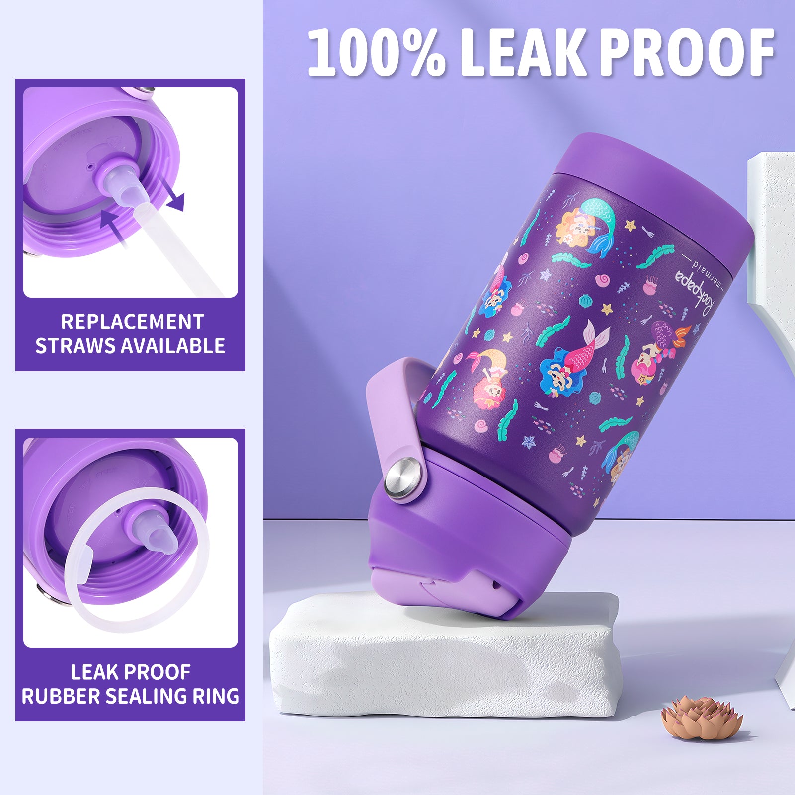 rockpapa Kids Insulated Water Bottle with Straw, BPA-Free, 18/8 Stainless Steel, Leak Proof, 14OZ Metal Cup Water Bottle for School Boys Girls (Purple Mermaid)