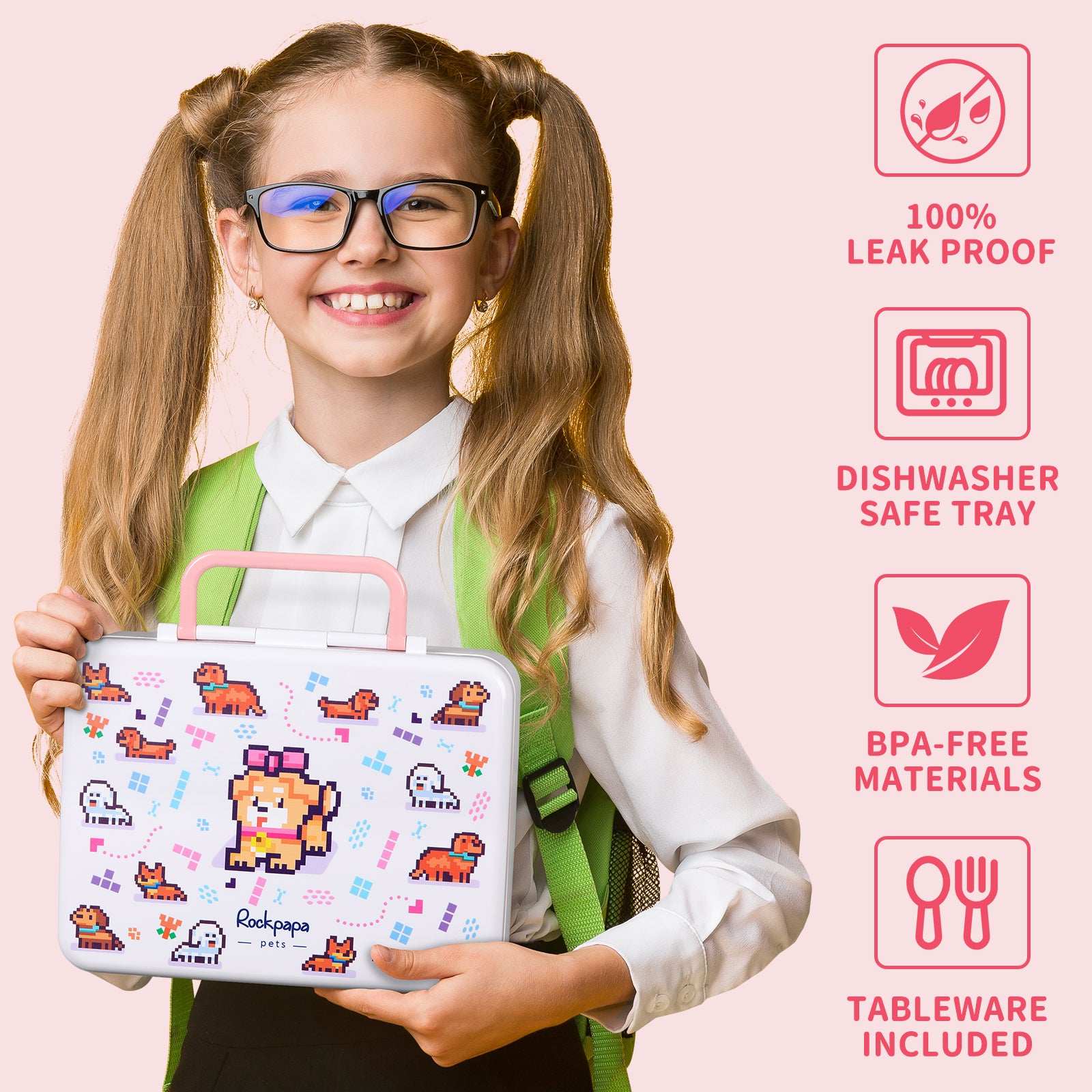 rockpapa 5 Compartment Bento Lunch Box for Kids, Leak Proof, Dishwasher Safe, BPA Free Materials, 47oz Snack Bento Box with Utensils & Handle for Boys Girls Ages 3+ (White Pets Dog)