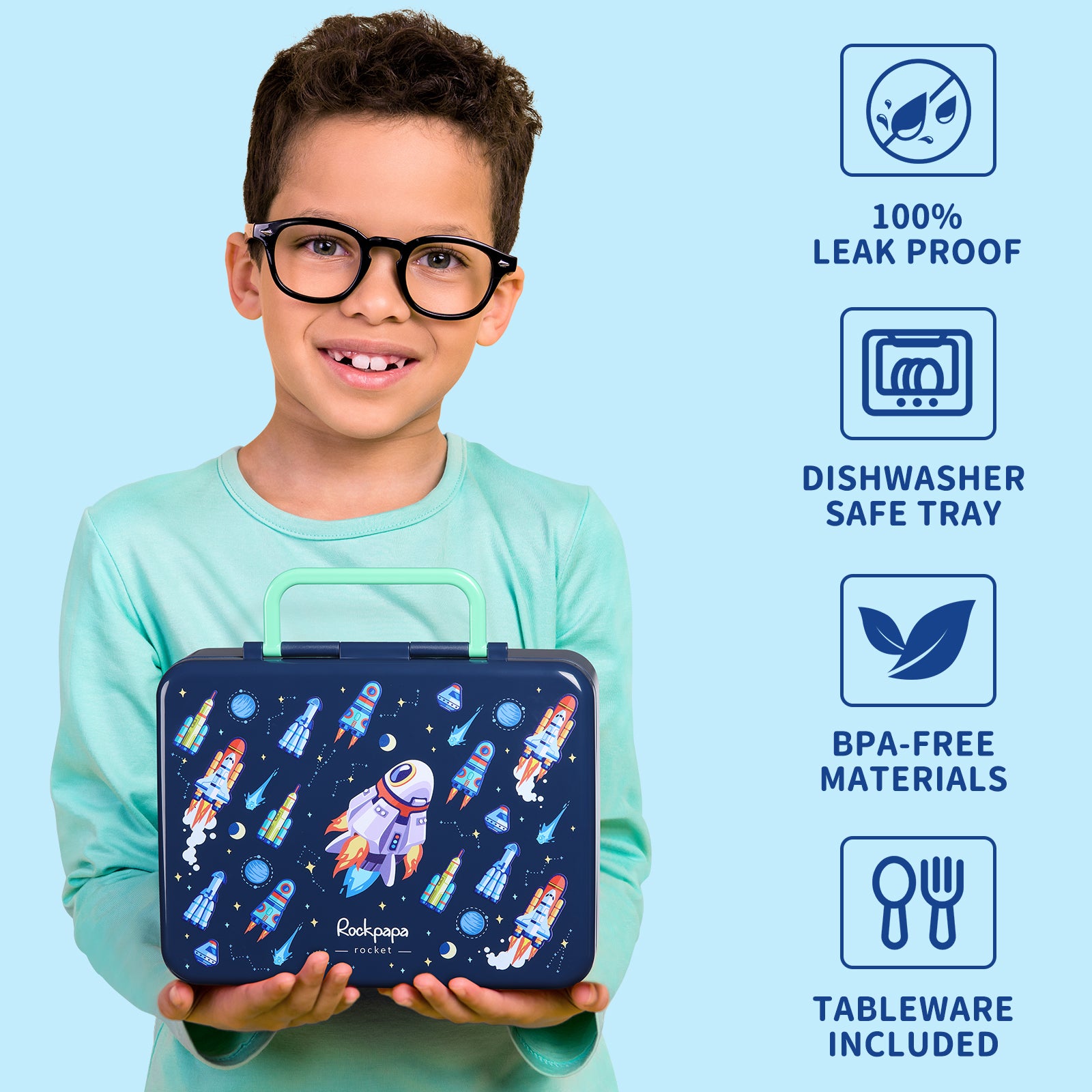 rockpapa 5 Compartment Bento Lunch Box for Kids, Leak Proof, Dishwasher Safe, BPA Free Materials, 47oz Snack Bento Box with Utensils & Handle for Boys Girls Ages 3+ (Blue Rocket)