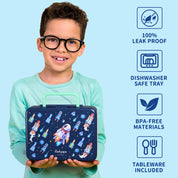rockpapa 5 Compartment Bento Lunch Box for Kids, Leak Proof, Dishwasher Safe, BPA Free Materials, 47oz Snack Bento Box with Utensils & Handle for Boys Girls Ages 3+ (Blue Rocket)
