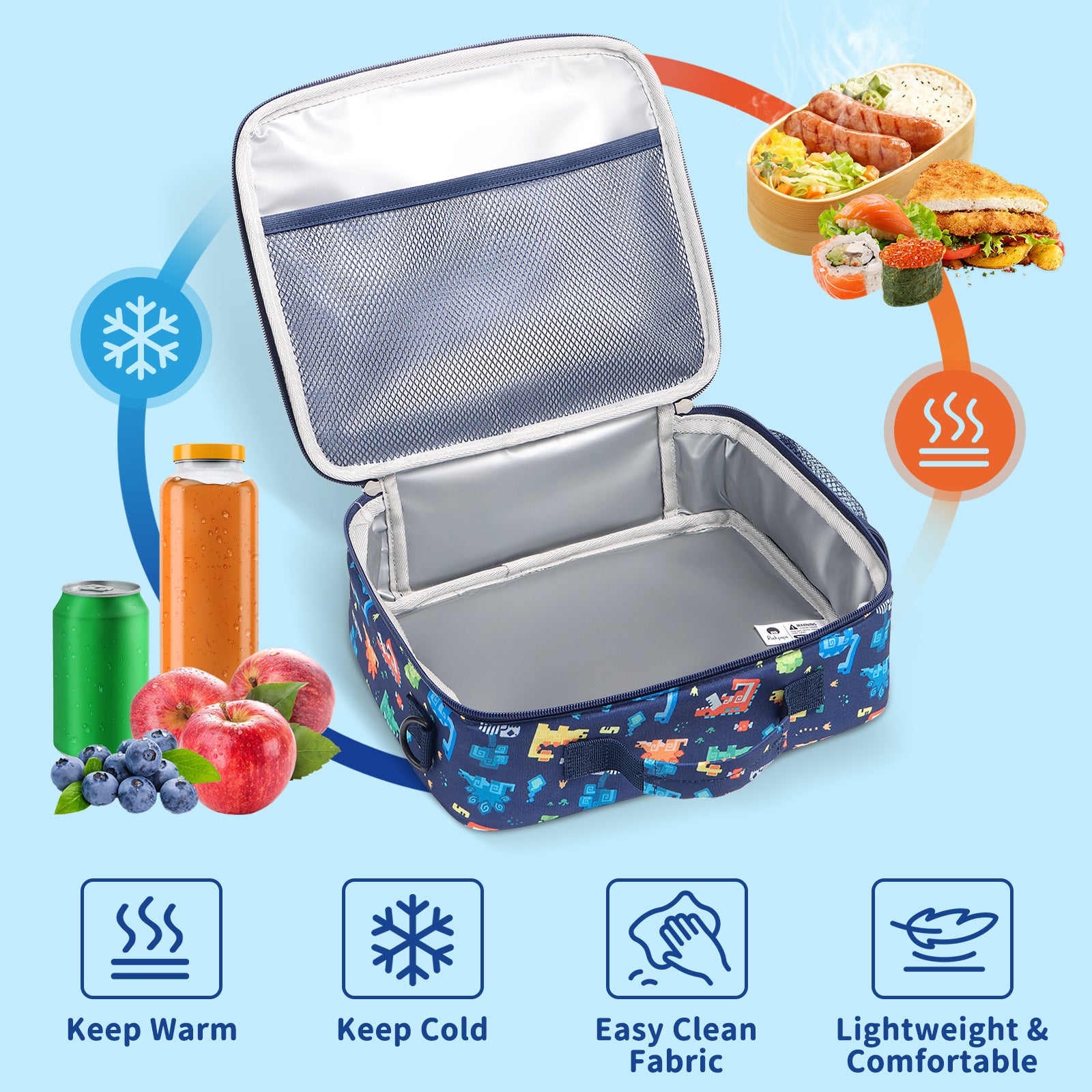 rockpapa Kids Lunch Bag for Kids with Strap, Waterproof, Stain & Oil-Resistant, Insulated LunchBag, Reusable Lunch Tote Bag Holds Lunch Box, Water Bottle & Snacks for School