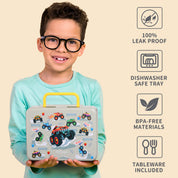 rockpapa 5 Compartment Bento Lunch Box for Kids, Leak Proof, Dishwasher Safe, BPA Free Materials, 47oz Snack Bento Box with Utensils & Handle for Boys Girls Ages 3+ (Grey Trucks)