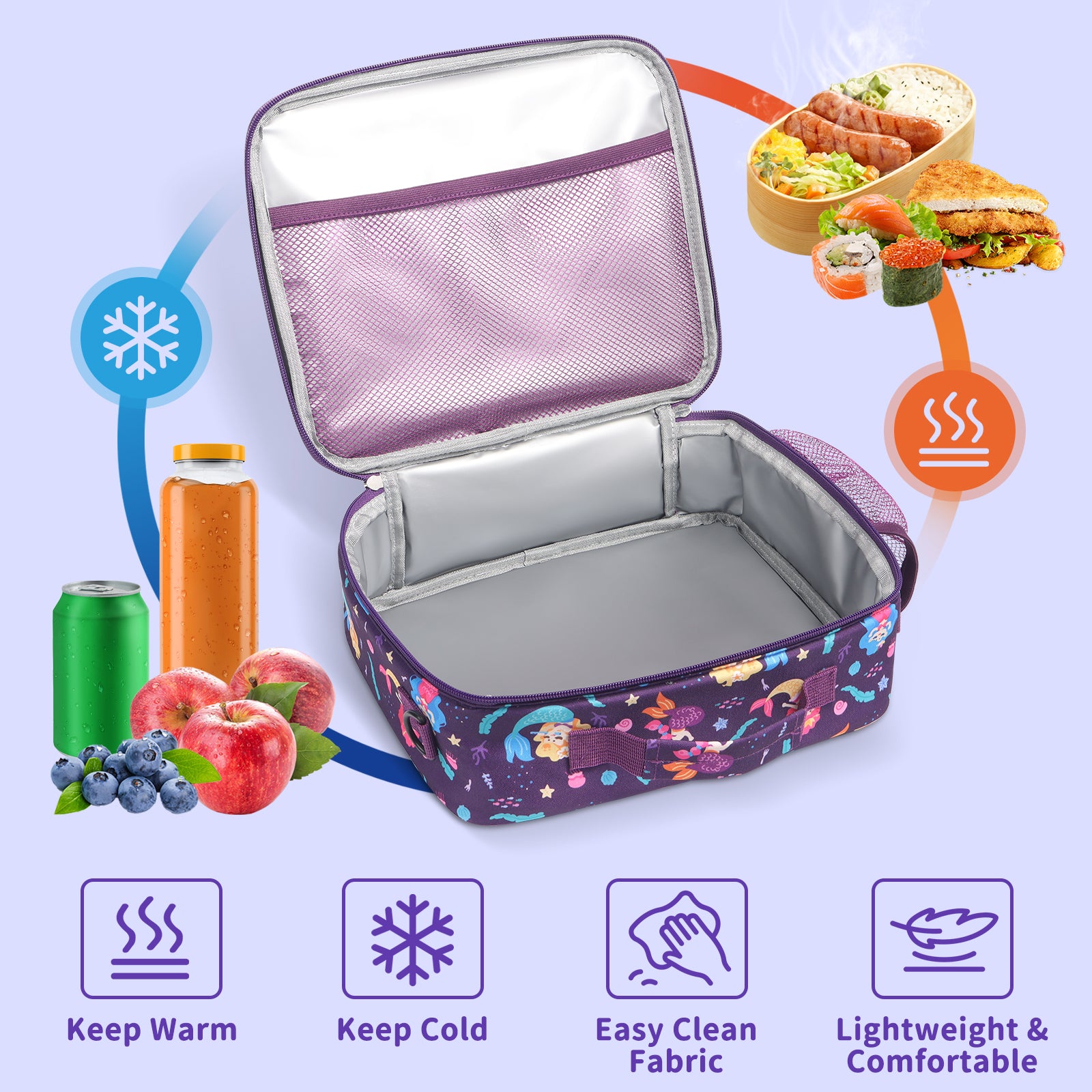 rockpapa Kids Lunch Bag for Kids with Strap, Waterproof, Stain & Oil-Resistant, Insulated LunchBag, Reusable Lunch Tote Bag Holds Lunch Box, Water Bottle & Snacks for School (Purple Mermaid)