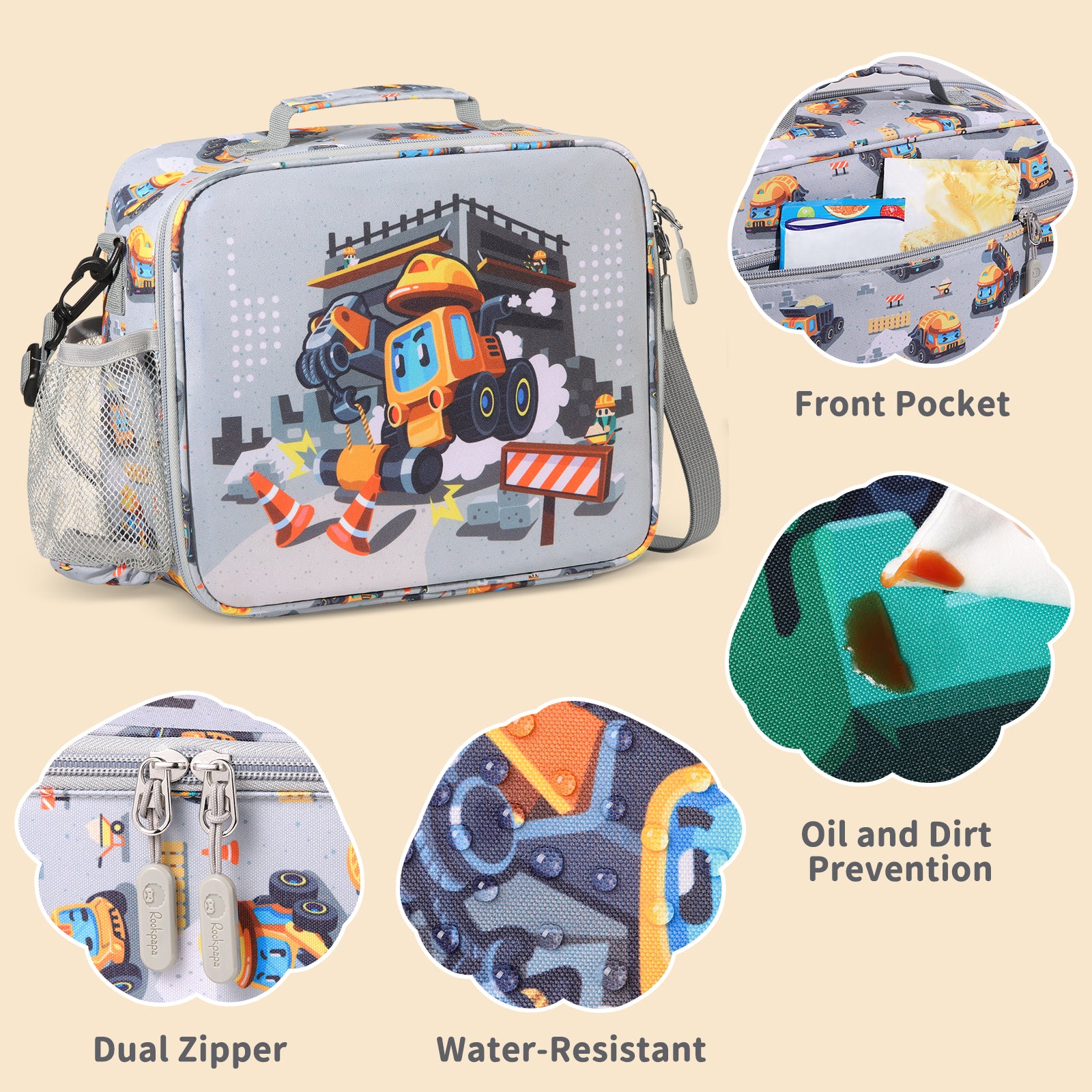 rockpapa Kids Lunch Bag for Kids with Strap, Waterproof, Stain & Oil-Resistant, Insulated LunchBag, Reusable Lunch Tote Bag Holds Lunch Box, Water Bottle & Snacks for School (Grey Constr Trucks)