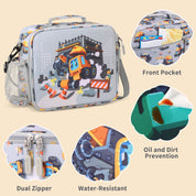 rockpapa Kids Lunch Bag for Kids with Strap, Waterproof, Stain & Oil-Resistant, Insulated LunchBag, Reusable Lunch Tote Bag Holds Lunch Box, Water Bottle & Snacks for School (Grey Constr Trucks)