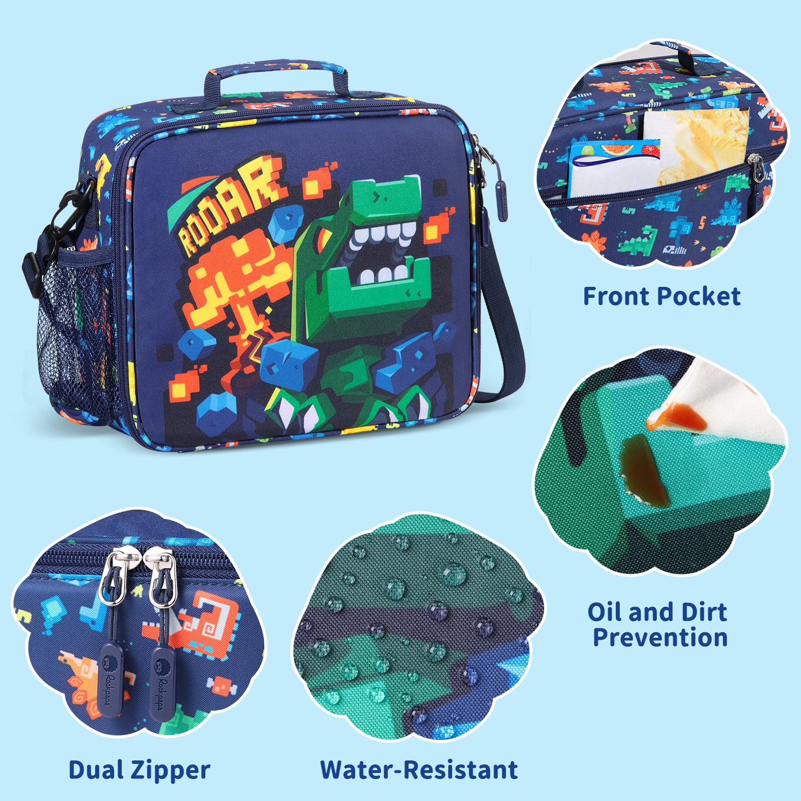 rockpapa Kids Lunch Bag for Kids with Strap, Waterproof, Stain & Oil-Resistant, Insulated LunchBag, Reusable Lunch Tote Bag Holds Lunch Box, Water Bottle & Snacks for School