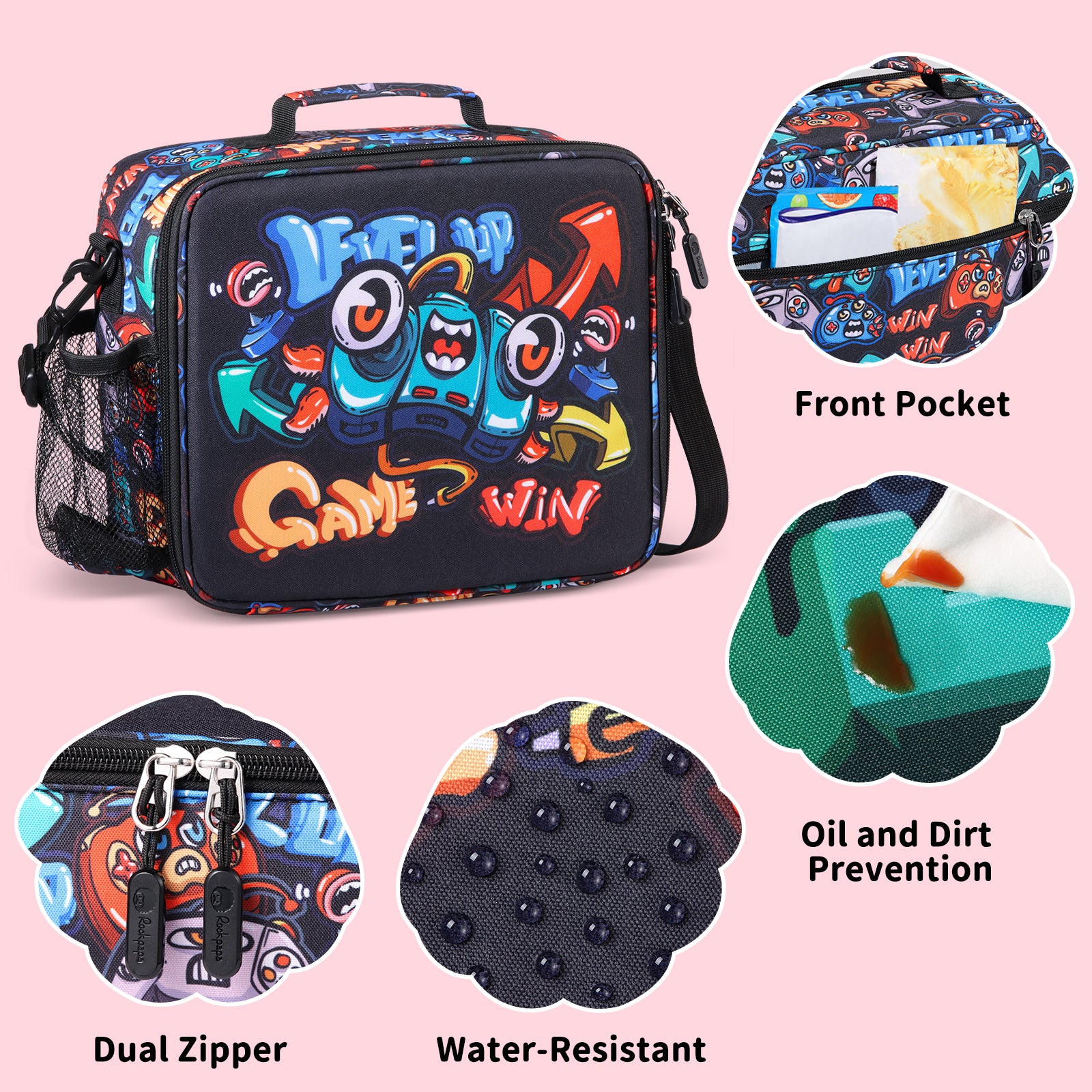 rockpapa 5 Compartment Bento Lunch Box for Kids with Uensils & Insulated Water Bottle & Lunch Bag with Strap, BPA-Free Lunch box Containers Set for School Boys Girls Ages 3+ (Black Games)