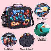 rockpapa 5 Compartment Bento Lunch Box for Kids with Uensils & Insulated Water Bottle & Lunch Bag with Strap, BPA-Free Lunch box Containers Set for School Boys Girls Ages 3+ (Black Games)