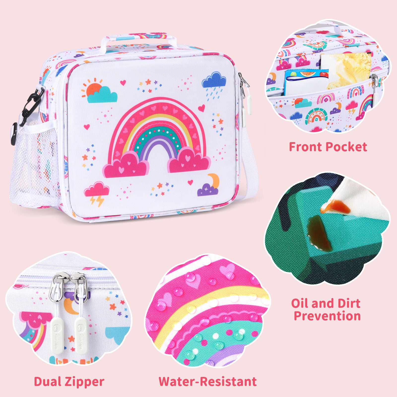rockpapa 5 Compartment Bento Lunch Box for Kids with Uensils & Insulated Water Bottle & Lunch Bag with Strap, BPA-Free Lunch box Containers Set for School Boys Girls Ages 3+ (White Rainbow)