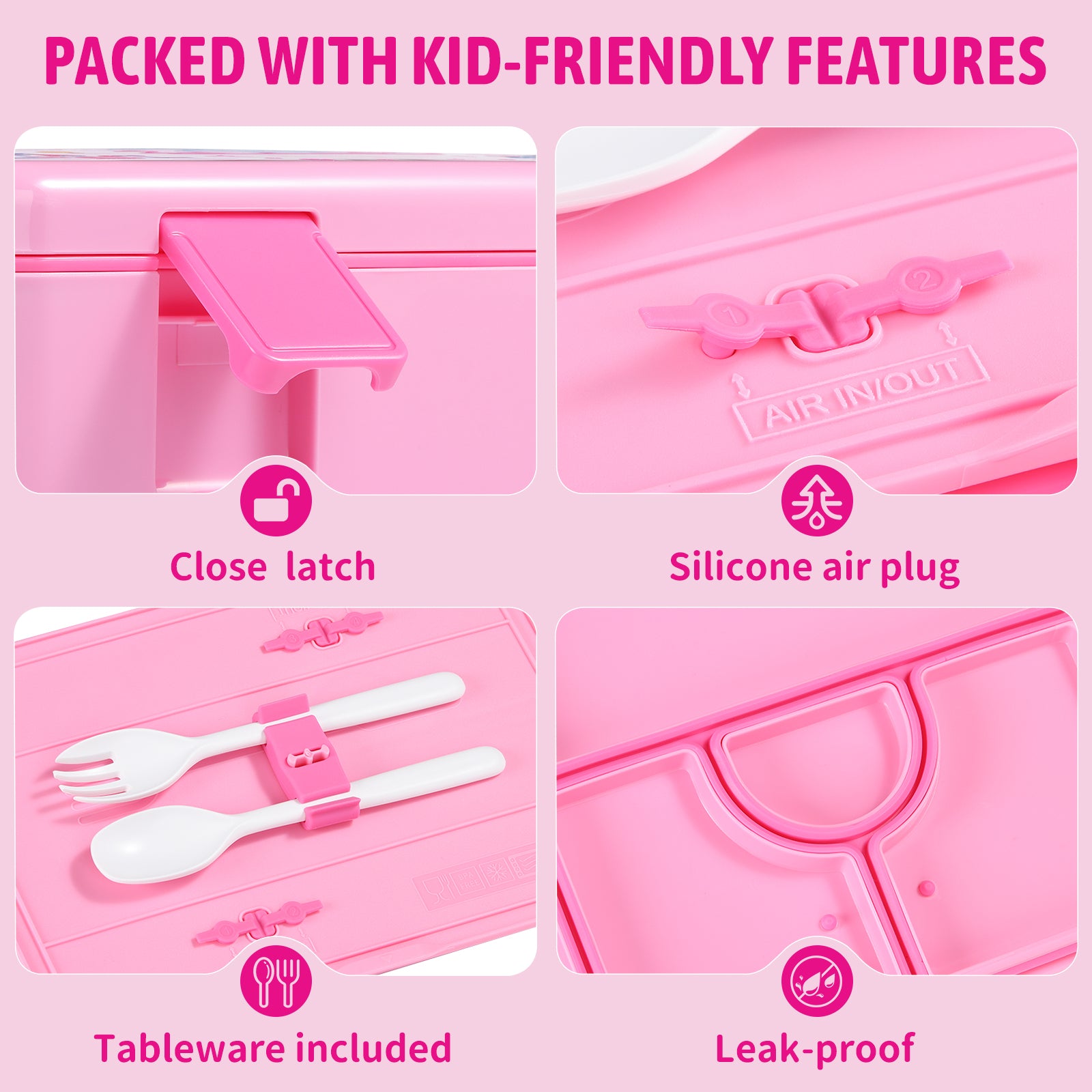 rockpapa 5 Compartment Bento Lunch Box for Kids, Leak Proof, Dishwasher Safe, BPA Free Materials, 47oz Snack Bento Box with Utensils & Handle for Boys Girls Ages 3+ (Pink Fairies)