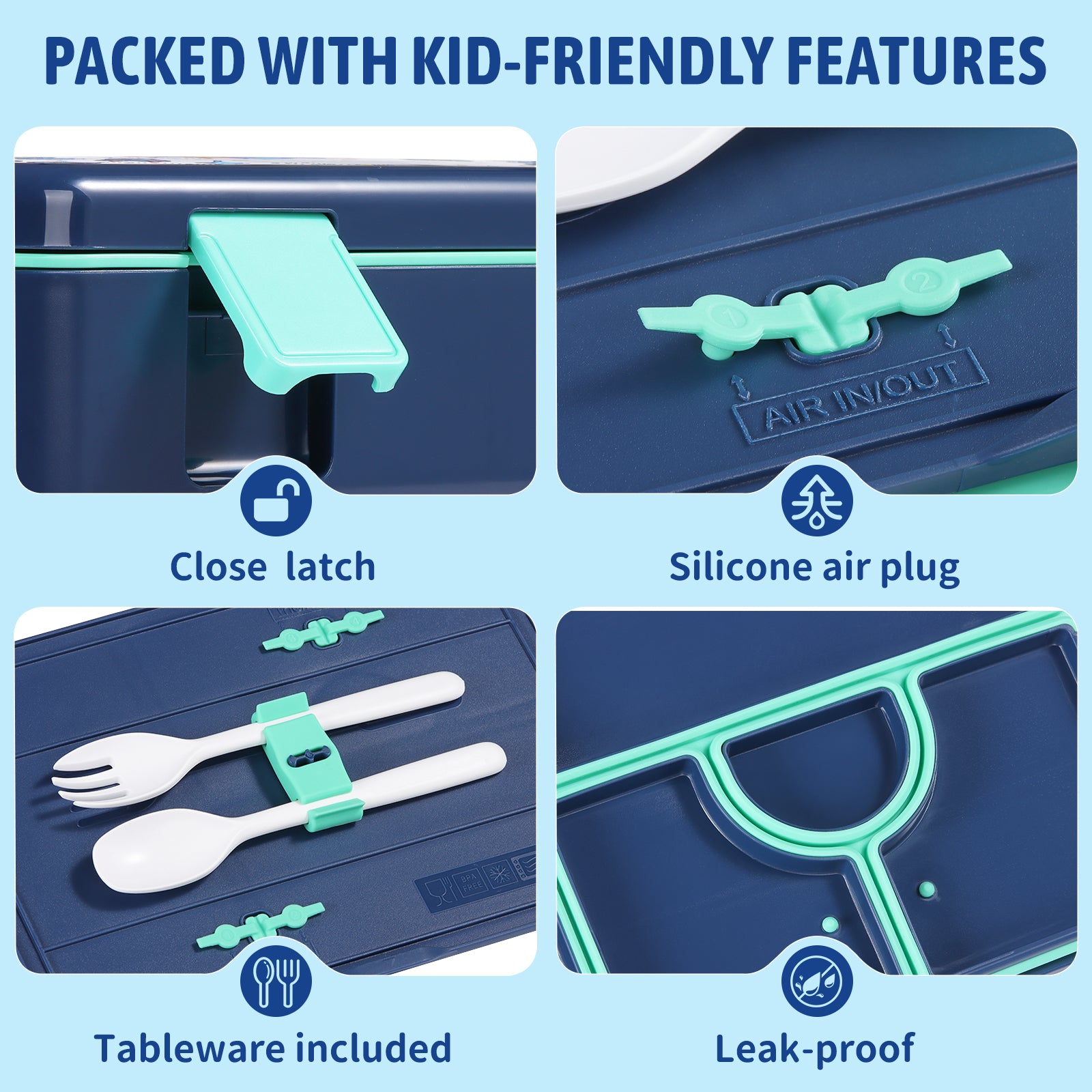 rockpapa 5 Compartment Bento Lunch Box for Kids, Leak Proof, Dishwasher Safe, BPA Free Materials, 47oz Snack Bento Box with Utensils & Handle for Boys Girls Ages 3+ (Blue Rocket)