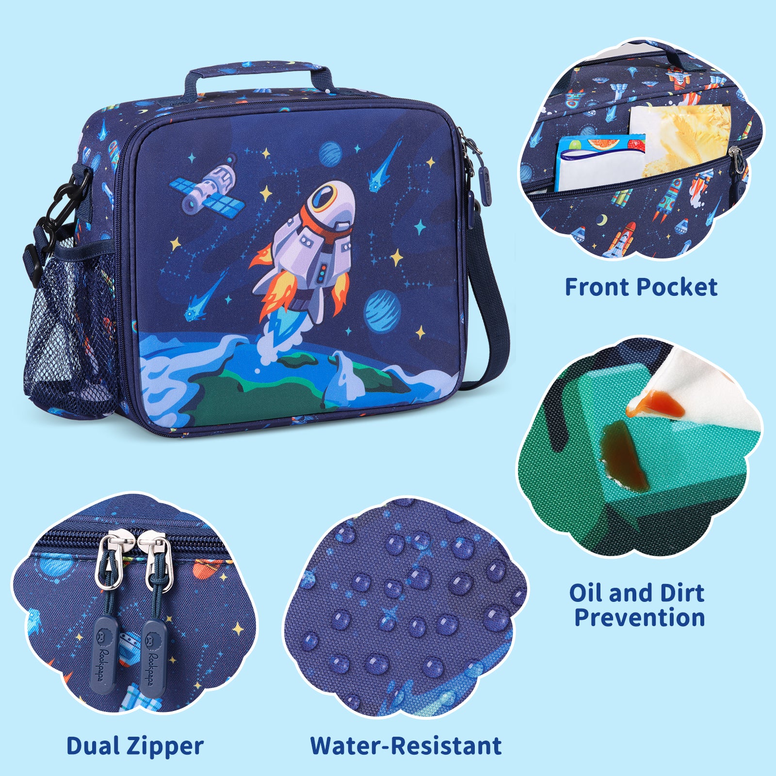 rockpapa 5 Compartment Bento Lunch Box for Kids with Uensils & Insulated Water Bottle & Lunch Bag with Strap, BPA-Free Lunch box Containers Set for School Boys Girls Ages 3+ (Blue Rocket)