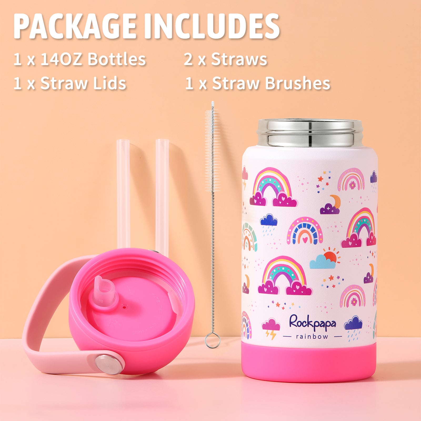 rockpapa Kids Insulated Water Bottle with Straw, BPA-Free, 18/8 Stainless Steel, Leak Proof, 14OZ Metal Cup Water Bottle for School Boys Girls (White Rainbow)