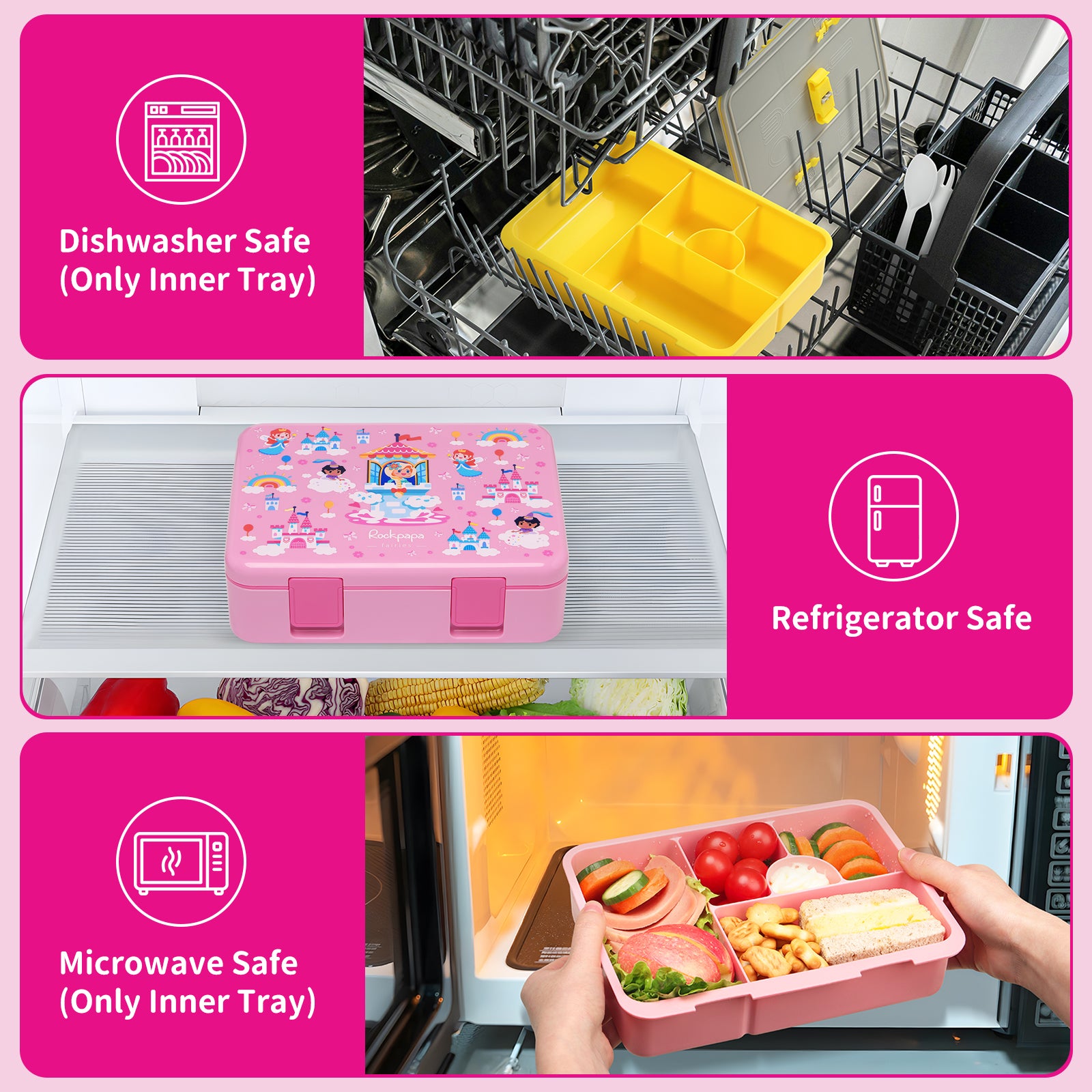 rockpapa 5 Compartment Bento Lunch Box for Kids, Leak Proof, Dishwasher Safe, BPA Free Materials, 47oz Snack Bento Box with Utensils & Handle for Boys Girls Ages 3+ (Pink Fairies)