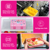 rockpapa 5 Compartment Bento Lunch Box for Kids, Leak Proof, Dishwasher Safe, BPA Free Materials, 47oz Snack Bento Box with Utensils & Handle for Boys Girls Ages 3+ (Pink Fairies)