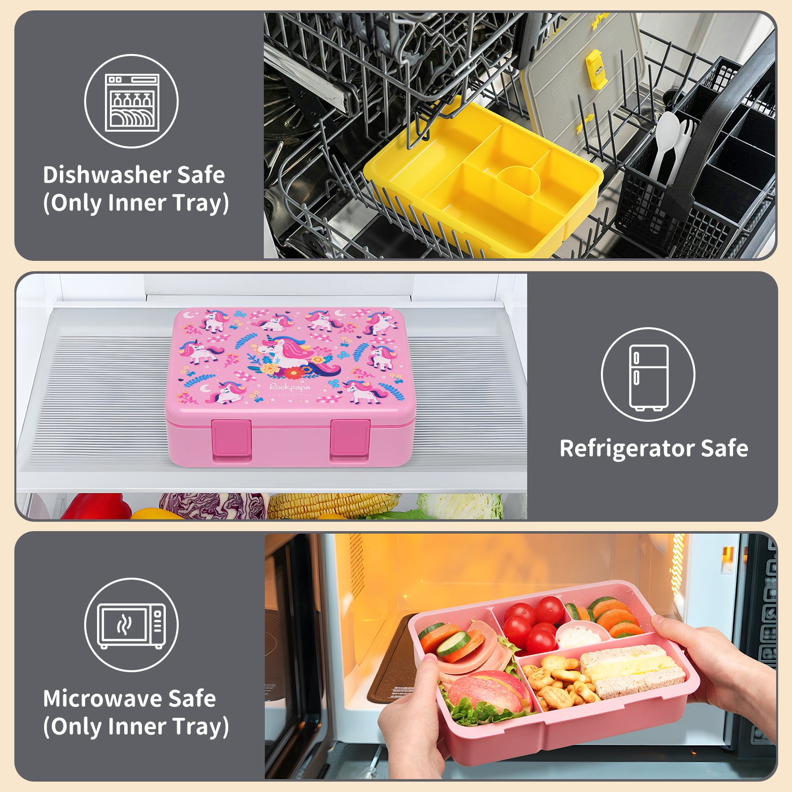 rockpapa 5 Compartment Bento Lunch Box for Kids, Leak Proof, Dishwasher Safe, BPA Free Materials, 47oz Snack Bento Box with Utensils & Handle for Boys Girls Ages 3+ (Grey Trucks)