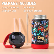 rockpapa Kids Insulated Water Bottle with Straw, BPA-Free, 18/8 Stainless Steel, Leak Proof, 14OZ Metal Cup Water Bottle for School Boys Girls (Black Games)