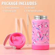 rockpapa Kids Insulated Water Bottle with Straw, BPA-Free, 18/8 Stainless Steel, Leak Proof, 14OZ Metal Cup Water Bottle for School Boys Girls