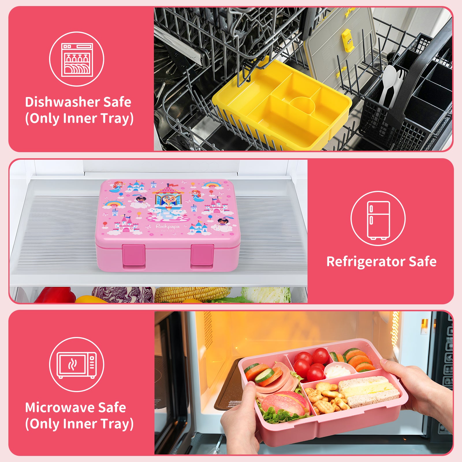 rockpapa 5 Compartment Bento Lunch Box for Kids, Leak Proof, Dishwasher Safe, BPA Free Materials, 47oz Snack Bento Box with Utensils & Handle for Boys Girls Ages 3+ (White Pets Dog)
