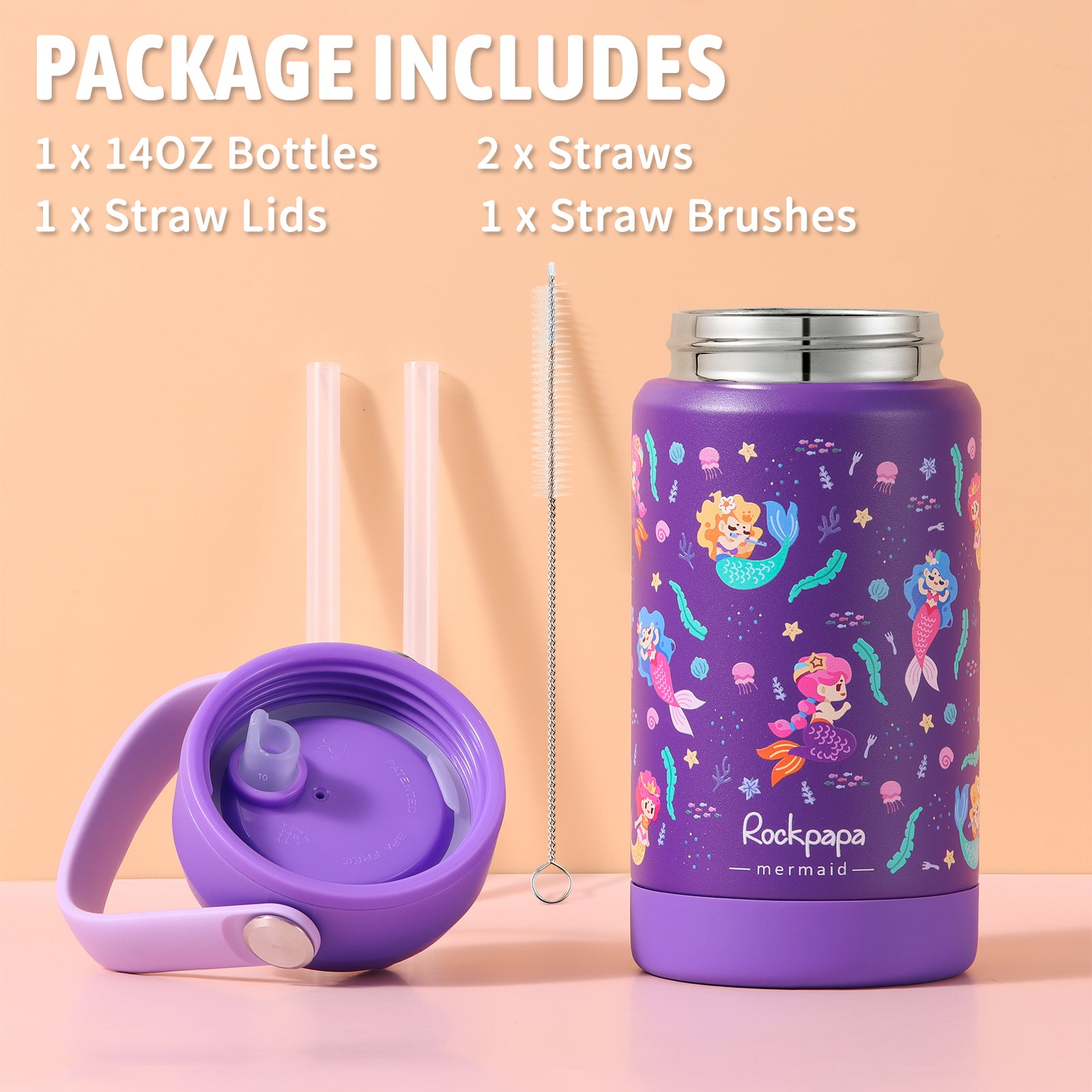 rockpapa Kids Insulated Water Bottle with Straw, BPA-Free, 18/8 Stainless Steel, Leak Proof, 14OZ Metal Cup Water Bottle for School Boys Girls (Purple Mermaid)