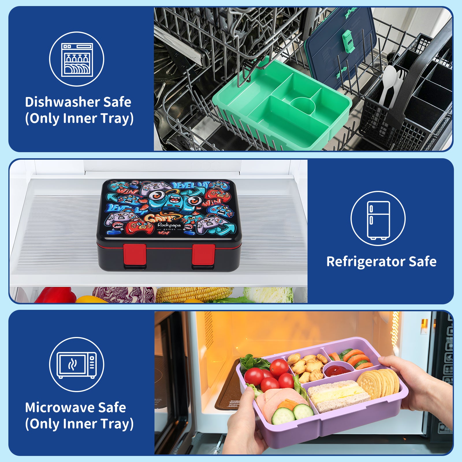 rockpapa 5 Compartment Bento Lunch Box for Kids, Leak Proof, Dishwasher Safe, BPA Free Materials, 47oz Snack Bento Box with Utensils & Handle for Boys Girls Ages 3+ (Blue Rocket)